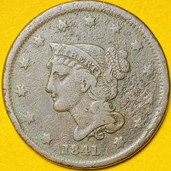 1841 U.S. BRAIDED HAIR LARGE CENT PENNY 1c COIN (Fine/Very Fine)