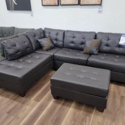 New Brown Pleather Sectional And Storage Ottoman With Reversible Chaise Sofa Couch 