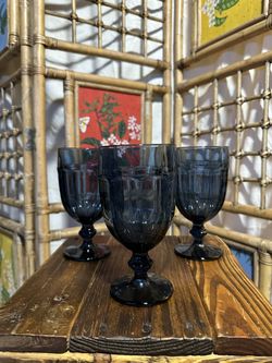 Vintage Glass Goblets - 3 Blue Libbey Gibraltar Duratuff Iced Yea