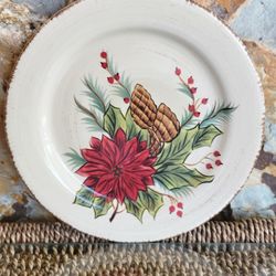 Dario Farrucci Design Painted Poinsetta Berries Pinecone Fall Salad Plate