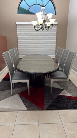 Oval Dining Table with Extension Leaf + 6 Gray Chairs