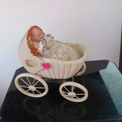 Vintage Celluloid Baby Carriage W Baby