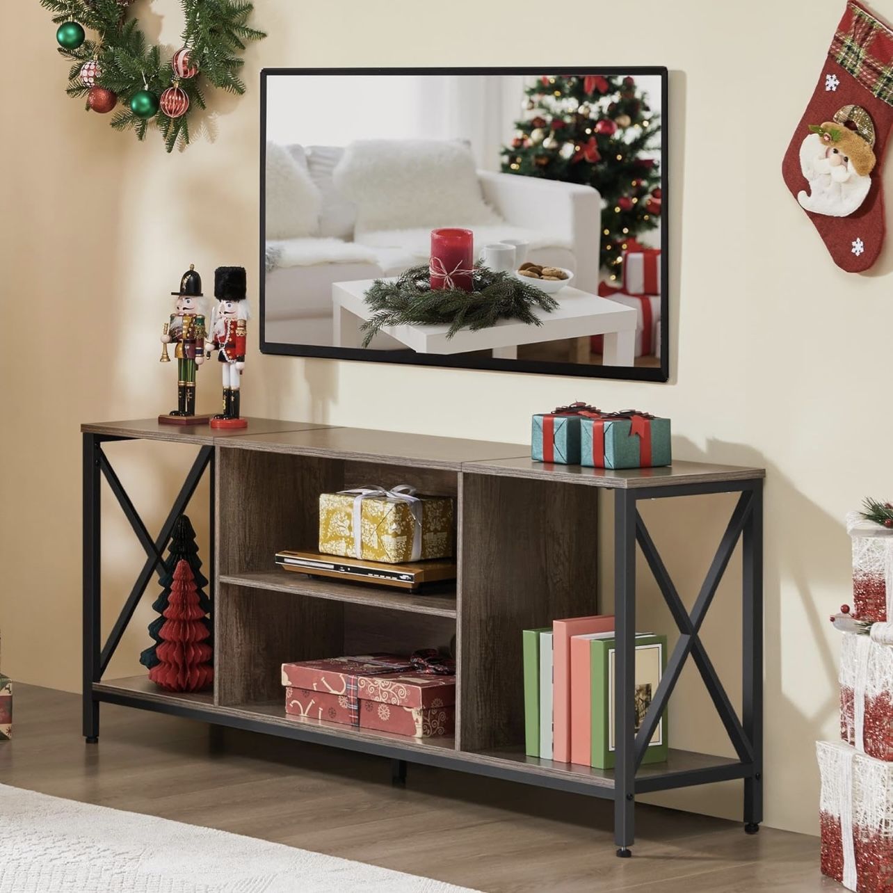 TV Stand for 65 Inch TV, Media Entertainment Center with Storage Shelves for Living Room, TV Console Table for Living Room, Taupe Wood
