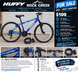 Huffy Rock Creek Mountain Bike – Blue + Bike Lock Included
