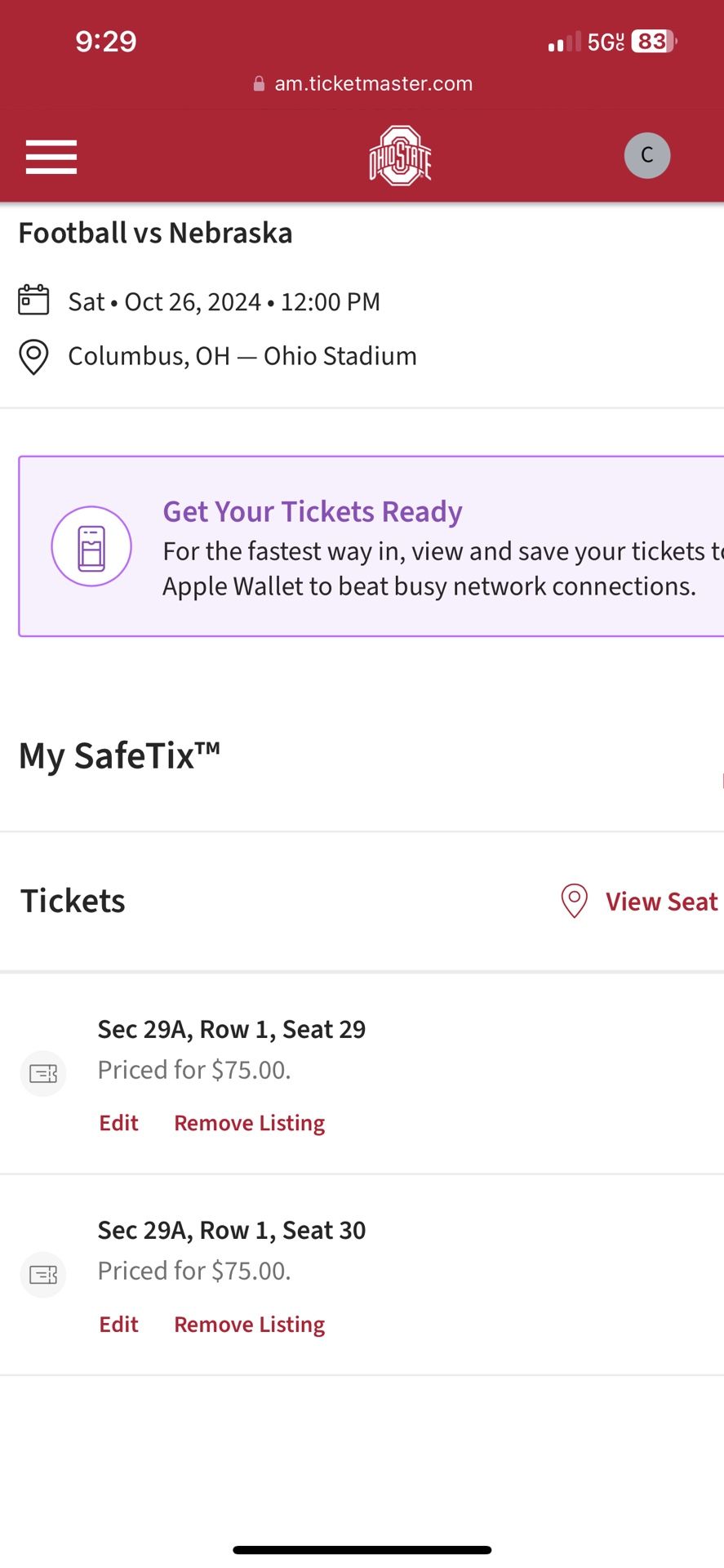 Ohio State Tix Today- Nebraska
