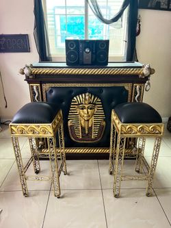 Egyptian Pharaoh Home Bar with Two Stools
