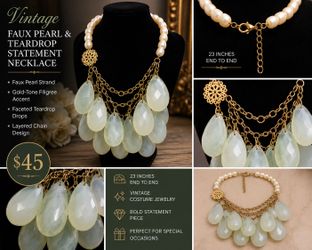 Vintage 23-Inch Faux Pearl & Teardrop Statement Necklace