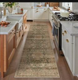2x8 Washable Vintage Runner Rug Green Brown Hallway Kitchen Carpet Non-Slip Soft Low Pile Distressed Throw Rug for Bedroom Bathroom Laundry Living Roo
