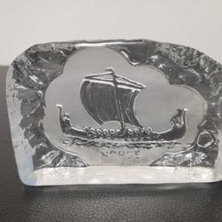Nybro Norge Sweden Ice Block Viking Ship Art Glass Paperweight