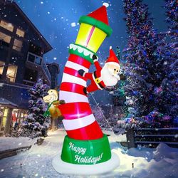 8.9FT Christmas Inflatable Decorations Giant Lighted Lighthouse Santa Reindeer Xmas Winter Holiday Yard Lawn Garden Outdoor Decor