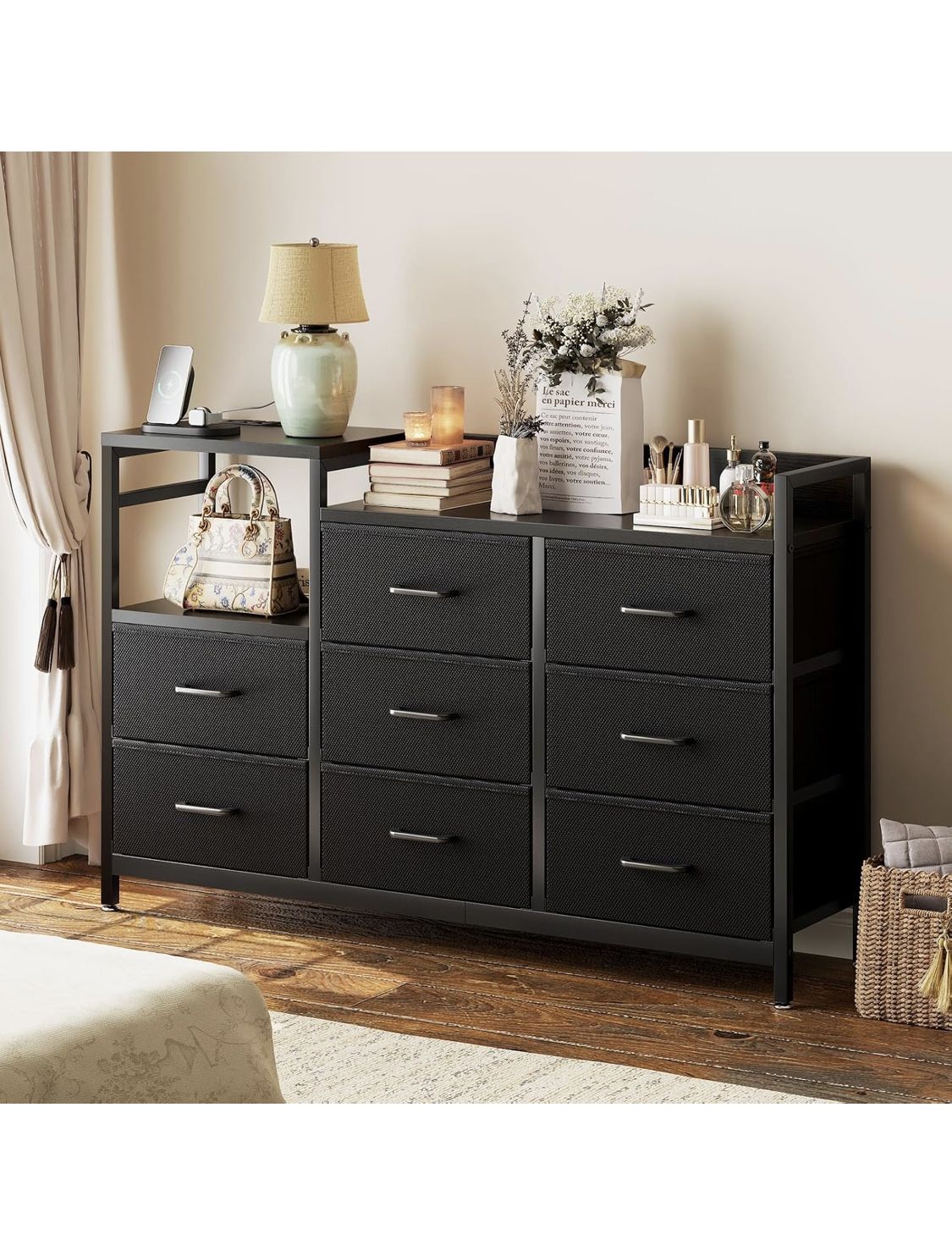 Dresser for Bedroom with Charging Station, 52" Long Dresser with 8 Storage Drawers, Large Fabric Dressers Chests of Drawers with Shelves