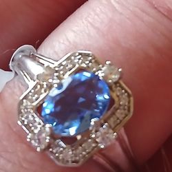 Blue Saphire Rhodium  Plated  Size 9/10? 