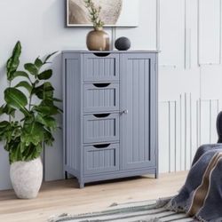 Bathroom Storage Cabinet with 4 Beadboard Drawers and Door, Gray