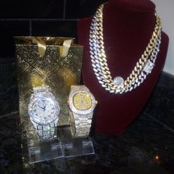 Two watch & two 18" short chain...lab diamond hand setting , resizable links , masculine timepieces👑Imported Stones  Lab Diamonds 🧊💎