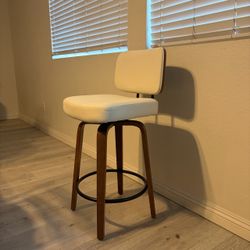 Foreate Swivel PU Bar Stools, Set of 1, 26" Counter Height Upholstered with Leather Mid-Back Wood Legs, Modern Chair Island Stool for Kitchen, Cream W