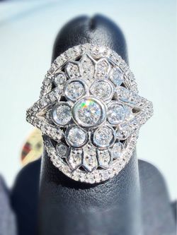 14k solid white gold Art Deco style 1.2CTW Natural Diamond flower cocktail ring sz5.5