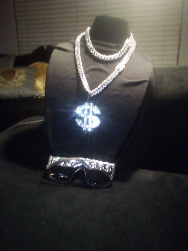 CEO Pack rapper Set 5 Pieces Lab Stones 26" 18" Glasses Titanium Black Ice And White Silver