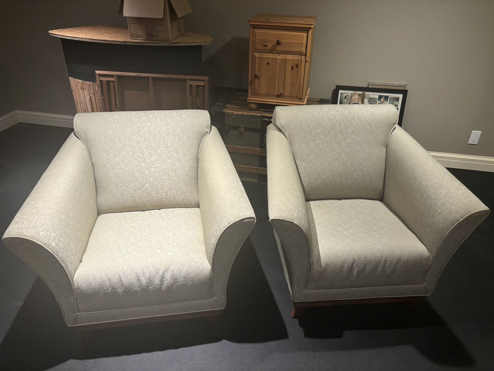 Two Sage Green Patterned Arm Chairs 