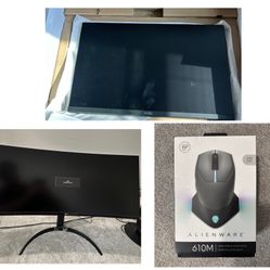 LG 34WP65C-B Curved Monitor, Dell Monitor, and Alienware 610M Mouse