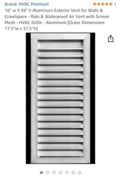 16" w X 36" h Aluminum Exterior Vent for Walls & Crawlspace - Rain & Waterproof Air Vent with Screen Mesh - HVAC Grille - Aluminum [Outer Dimensions 1