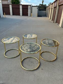 1980s Vintage Postmodern Milo Baughman style Brass swivel coffee tables and smoked glass end tables