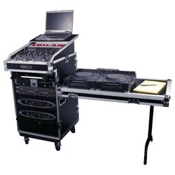 Odyssey FZGS1316WDLX, 13U Top Slanted 16U Bottom Vertical Pro Combo Rack with Casters, Side Table, and Glide Platform