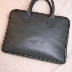 Genuine Leather Laptop Briefcase Business Work Bag Gray Green Dual Handle With Strap 