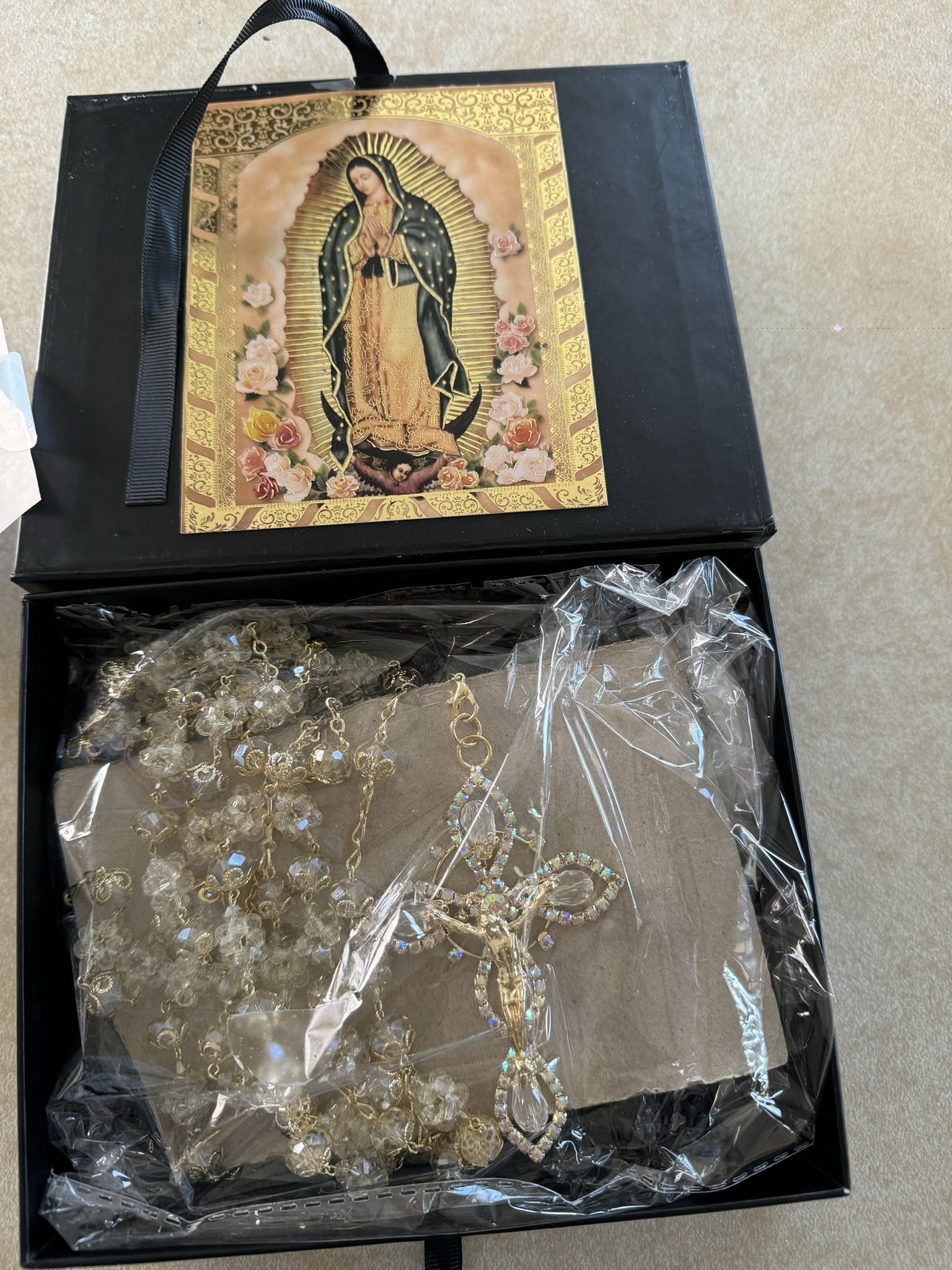 Wedding Lasso Crystal With Jesus Christ And Virgen De Guadalupe In A Premium Gift Box - Lazo De Bodas De Iglesia Para Novios - Lasso For Wedding Cerem