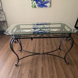 French Country Villa Style Wrought Iron Consol Table With Thick Tempered Beveled Glass