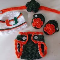 Crochet Baby Girl Miami Hurricanes Football Inspired Outfit Photo Prop 