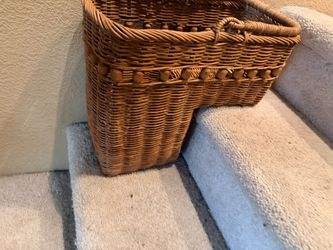 Vintage Wicker Stair Case Basket w/ Handle, L-Shaped Basket, Stair Way
