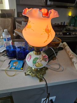 Fenton for LG Wright “Moss Rose” Peach Blow Lamp – Hand-Painted Satin Glass