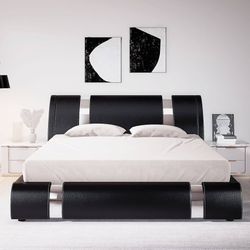 CLEARANCE Queen / King Size Platform Bed Frame with Iron Piece Decor, Faux Leather Upholstered Bed with Curved Adjustable Headboard, Wooden Slats Supp