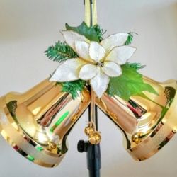 Large Double Bells Gold Tone Metal decorated in White Magnolia Flowers 