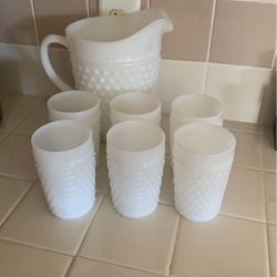 Hobnail Milk glass Pitcher Set