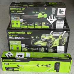 Greenworks 60V Mower + Trimmer + Blower – Brand New