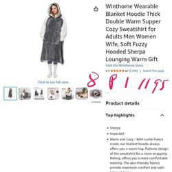 Winthome Wearable Blanket Hoodie Thick Double Warm Supper Cozy Sweatshirt for Adults Men Women Wife, Soft Fuzzy Hooded Sherpa Lounging Warm Gift