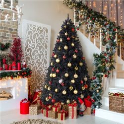 6’ Hinged Spruce Artificial Christmas Tree with Foldable Stand Lifelike Holiday Decorative Tree Black,