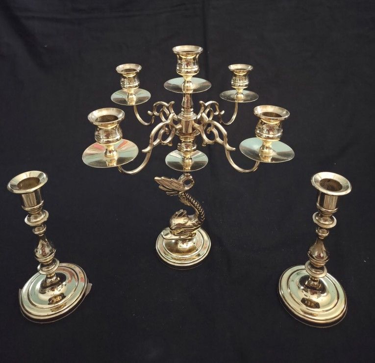 Unique & Gorgeous! Baldwin Candelabra(12"x12")& 2 Candle Holders(7"x3.25"each) Forged In USA