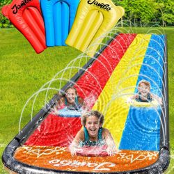 JAMBO Premium Triple Water Slide and 3 Bodyboards, Updated Model Slip Splash and Slide Heavy Duty Water Slides- 3-Way Sprinkler System, Splash Mat Pad