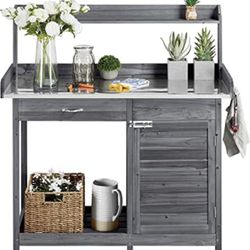 Potting Bench Outdoor Potting Table W/Cabinet Drawer Open Shelf W/Metal Tabletop Solid Wood Work Station W/Top Shelf & Lower Shelf Gray 610922