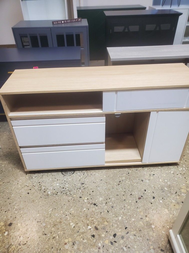 Coastal Oak & White TV Entertainment with Open Storage,(New In A Box)