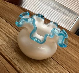 Fenton  Art Glass Aqua Crest Ruffled Milk Glass Candle Holder 1940-50s