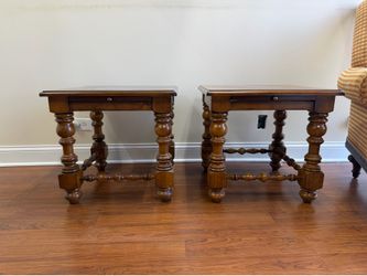 Set of two vintage style natural solid wood and tables with extendable writing  desk