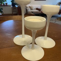 3 White Ceramic Candlestick Holders And Candles