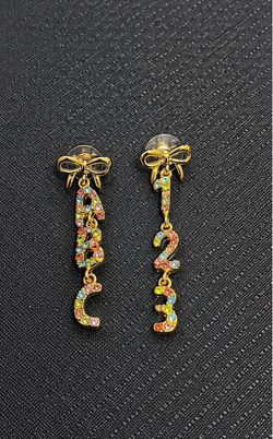 Colorful Rhinestone Number & Letter Bow Earrings Set