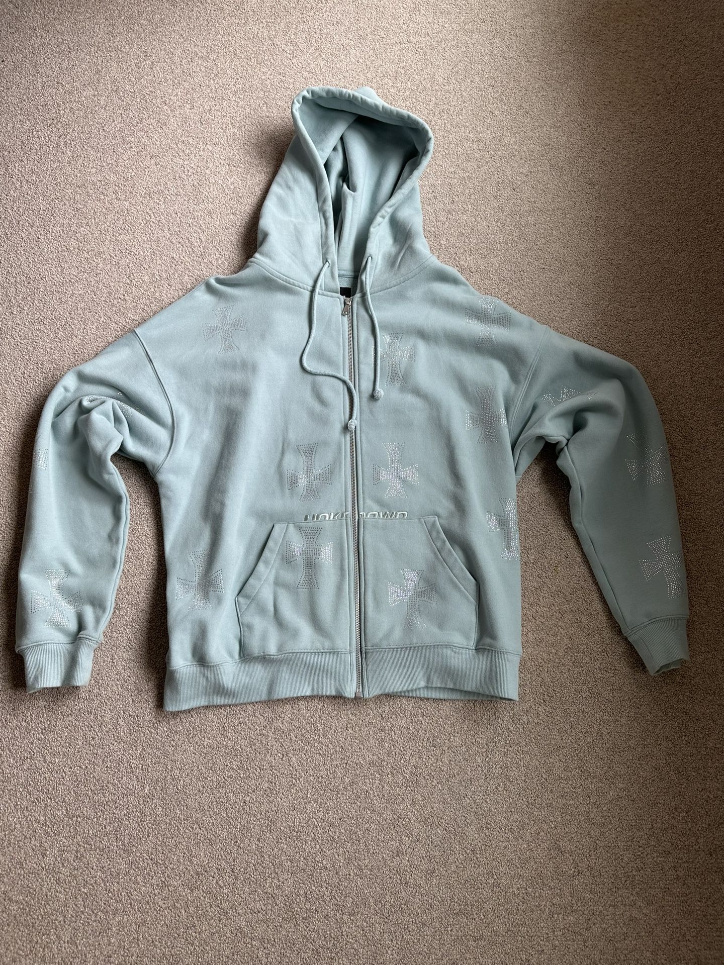 Unknown London Baby Blue Rhinestone Crosses Zip Up Hoodie for Sale