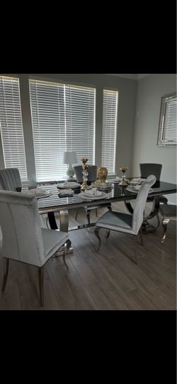 Black glass, top dining table, 6 suede chairs, silver chrome