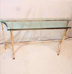 Vintage Tommaso Barbi Italian Solid Brass & Beveled Glass Console Table Side Hall Credenza Sofa Couch Entry Foyer Designer Italy Hollywood Regency MCM