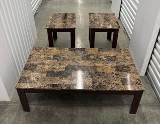 COMPLETE SET OF 3 CONTEMPORARY STYLE COFFEE TABLE & 2 MATCHING SIDE TABLES IN FAUX MARBLE AND WOOD